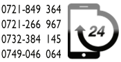 icon simbolizand disponibilitatea 24h/24, 7 zile din 7 si numerele de telefon ce pot fi apelate incontinuu